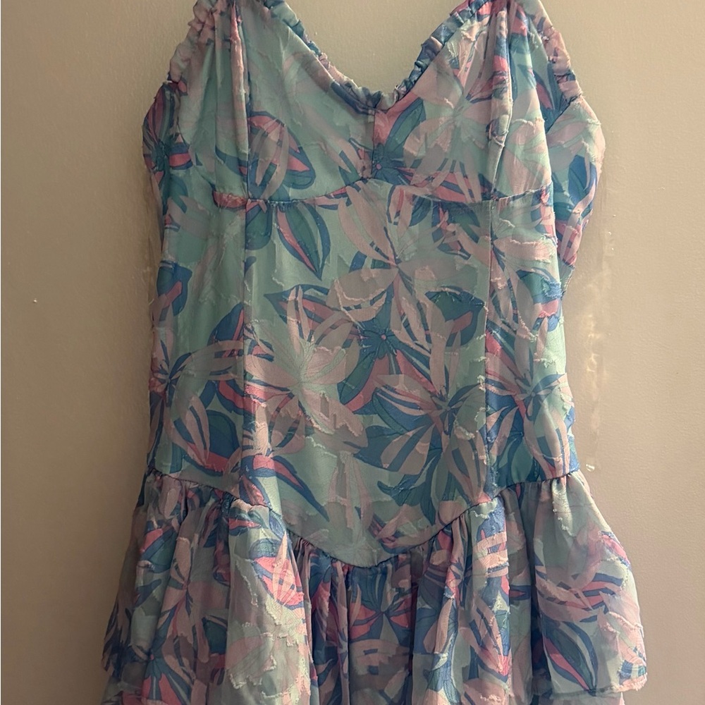Wild Fable Smocked Mini Dress Size M Pastel Floral Sheer Ruffle Cottagecore